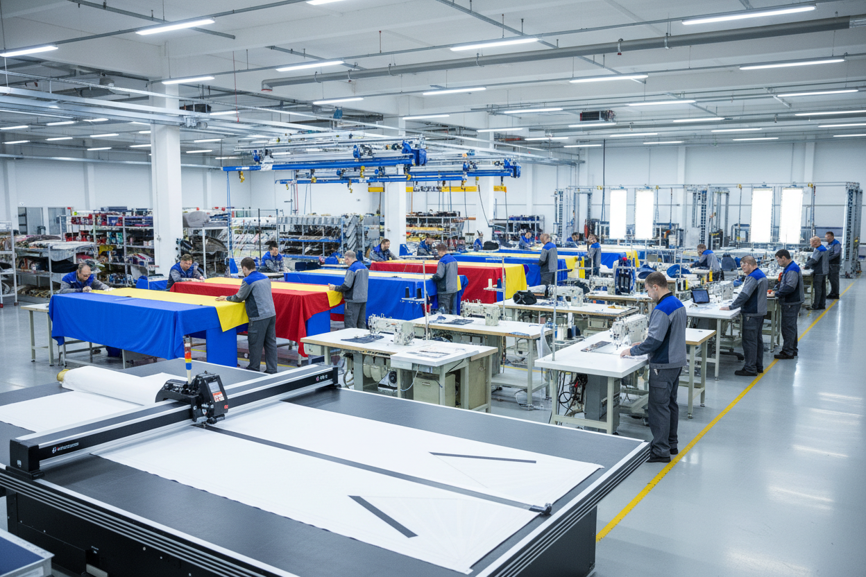 一个船帆工厂的照片，高科技，工人很忙碌