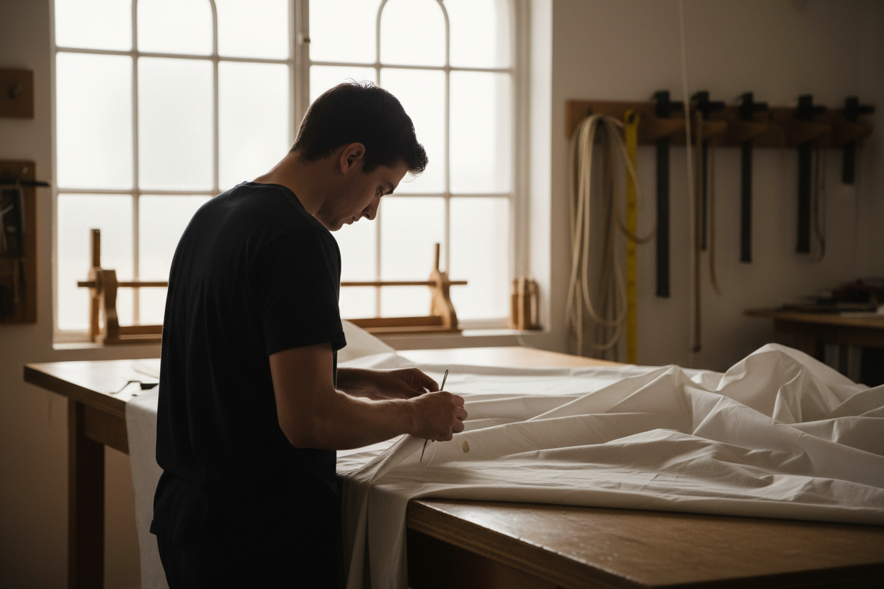 一个年轻工人的背影，他正在制作船帆