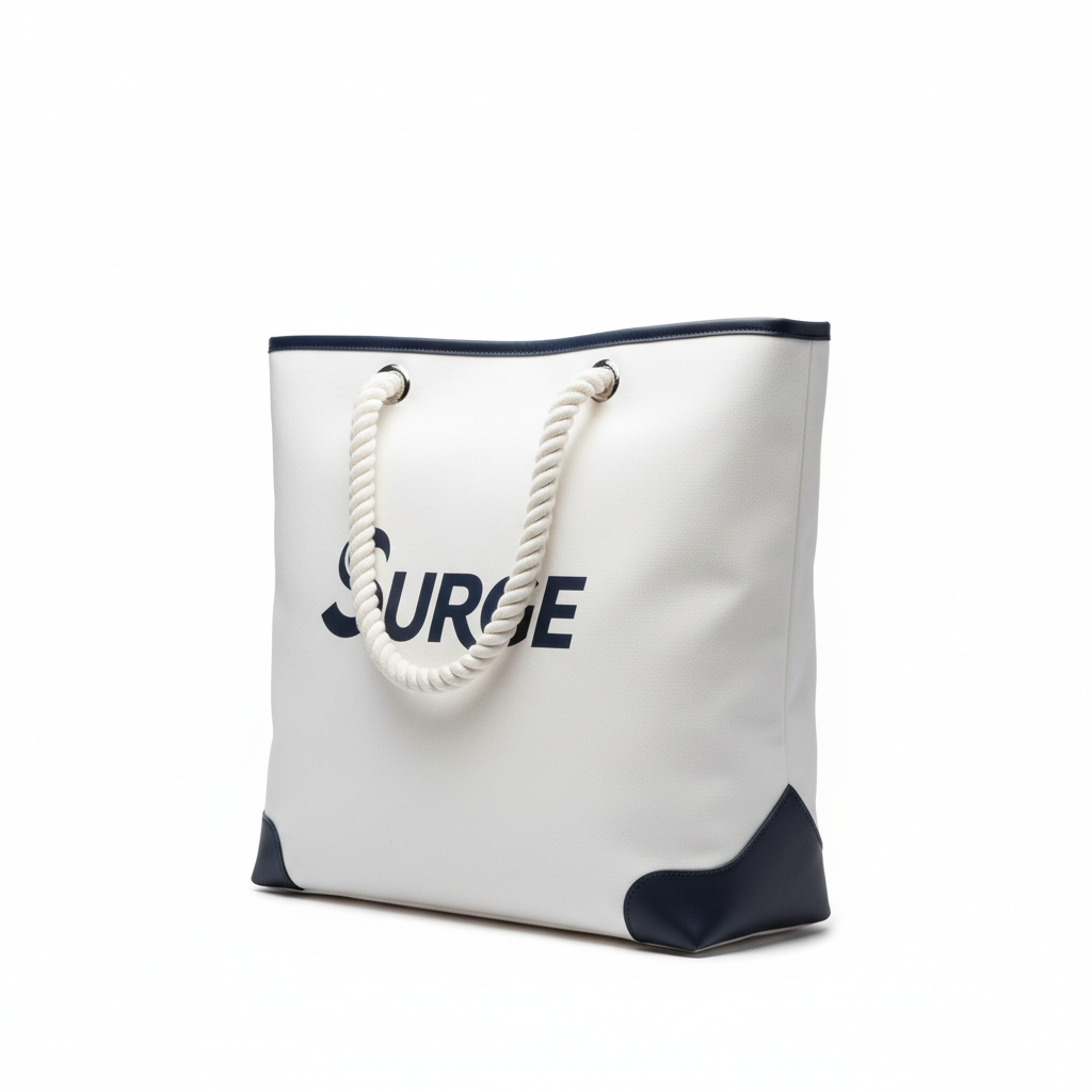 SurgeSails Canvas Tote Bag in white with navy leather trim