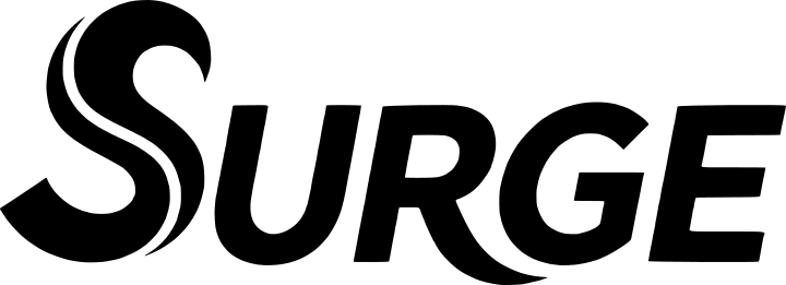 Black 'Surge' logo on a white background